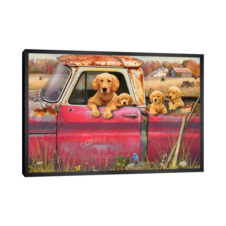 August Grove Goldens And Truck Floater Frame Painting on Canvas